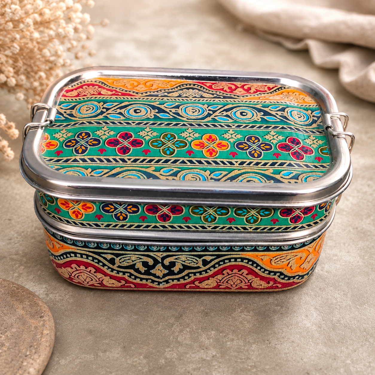Eco-Friendly Ethnic Meenakari 2-Tier Steel Tiffin