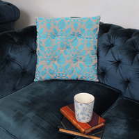 Teal Leaf Brocade Cushion – Elegant Sofa Pillow for Living Room