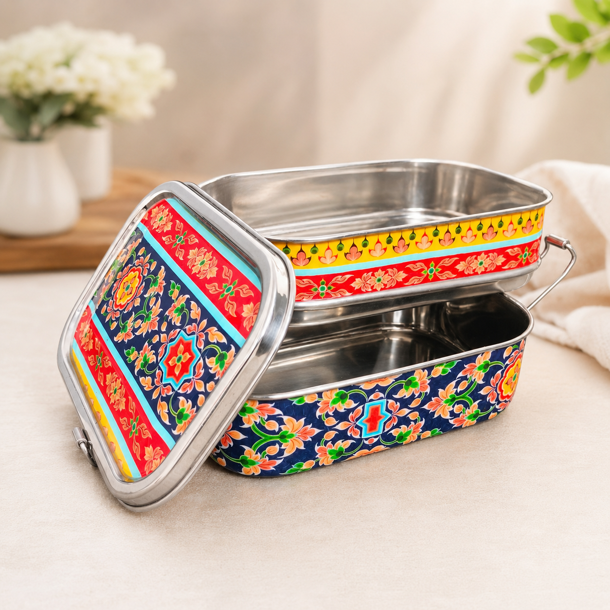 Eco-Friendly Ethnic Meenakari 2-Tier Steel Tiffin