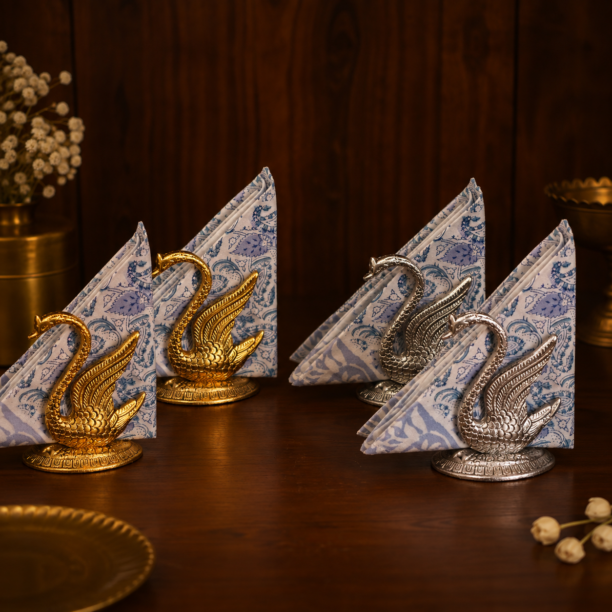 Elegant Gold & Silver Swan Tissue Holder Set of -4