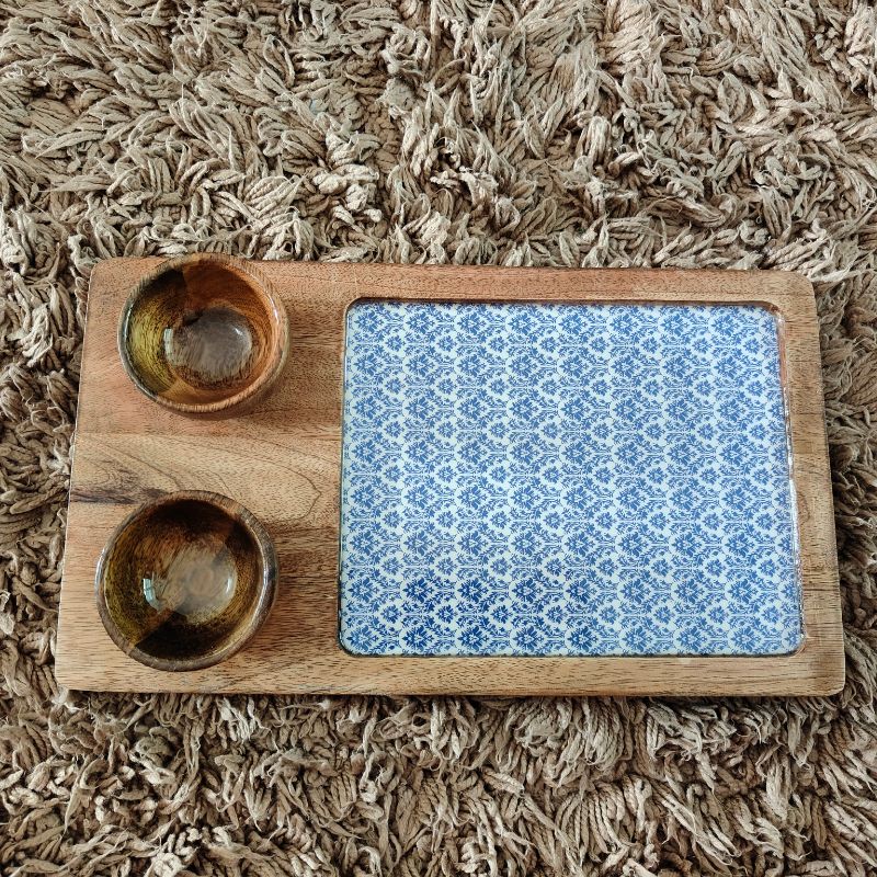 Blue Wooden Serving Platter with 2 Bowls | Handcrafted Serving Set of 3