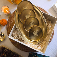 Eid Mubarak Premium Brass Serving Tray & Palm Motif Brass Coaster Gift Set with Festive Box