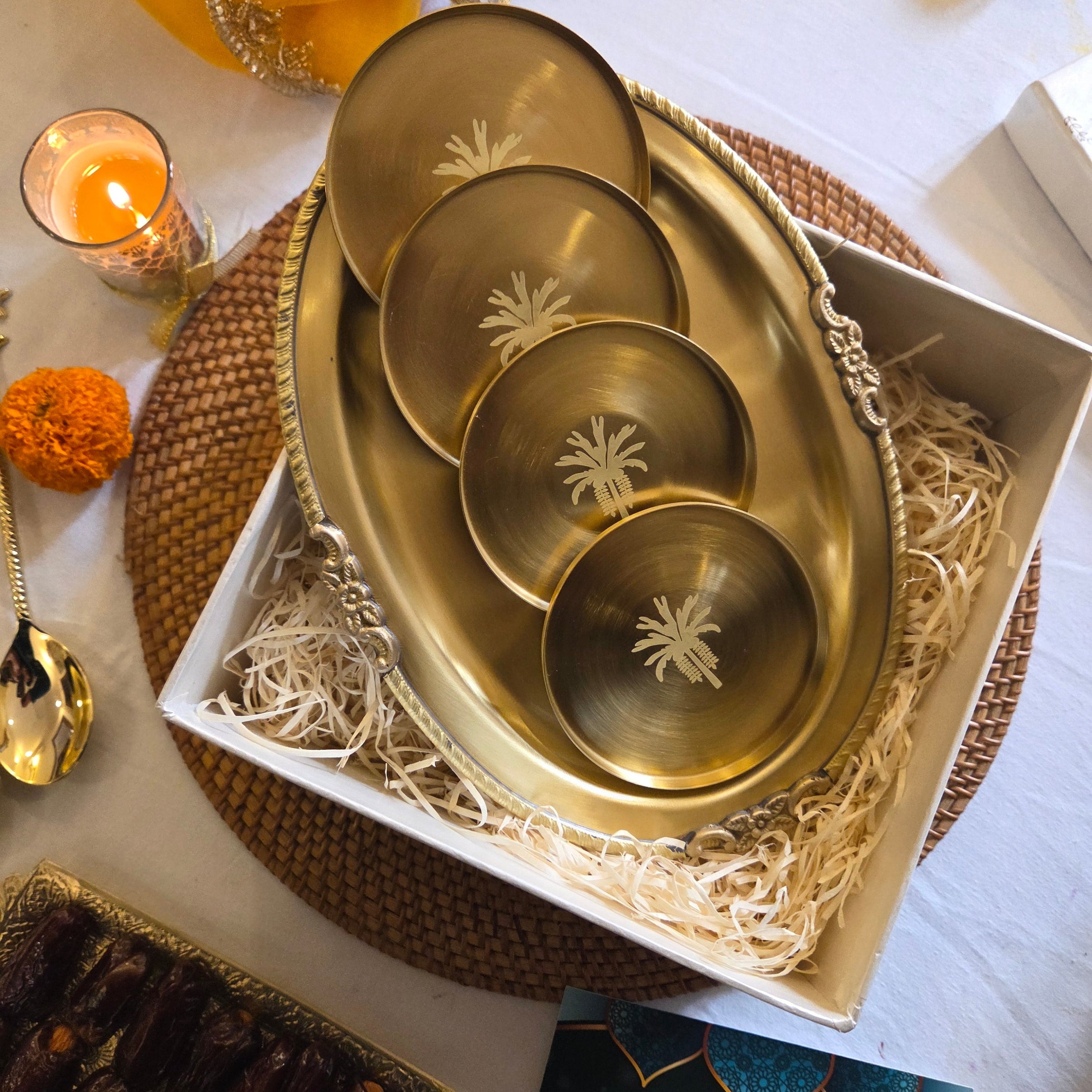 Eid Mubarak Premium Brass Serving Tray & Palm Motif Brass Coaster Gift Set with Festive Box