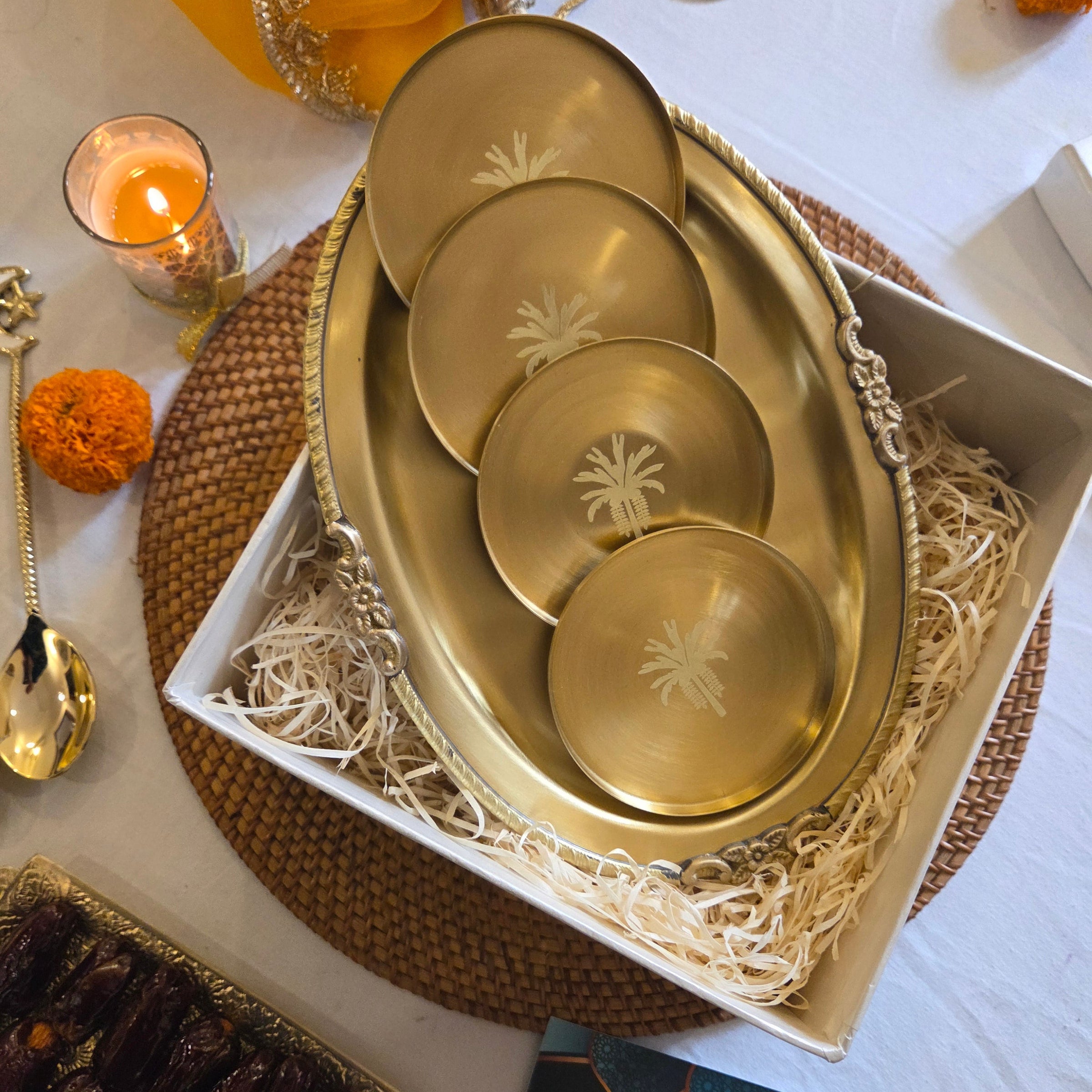 Eid Mubarak Premium Brass Serving Tray & Palm Motif Brass Coaster Gift Set with Festive Box