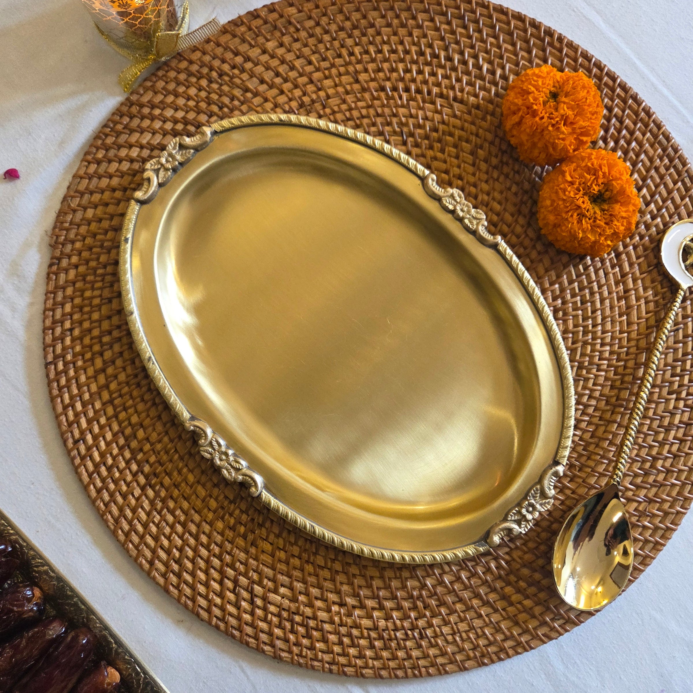 Eid Mubarak Premium Brass Serving Tray & Palm Motif Brass Coaster Gift Set with Festive Box