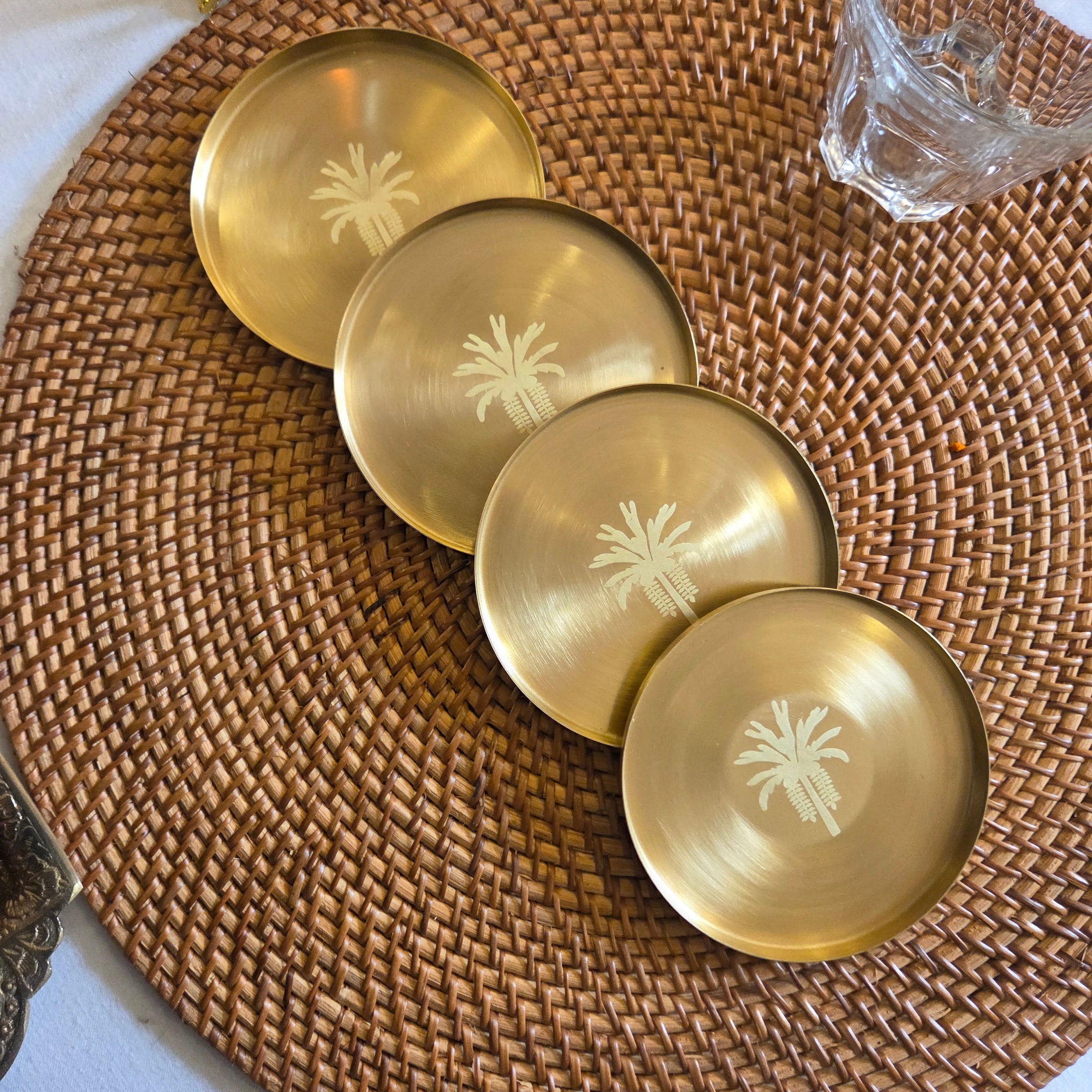 Eid Mubarak Premium Brass Serving Tray & Palm Motif Brass Coaster Gift Set with Festive Box