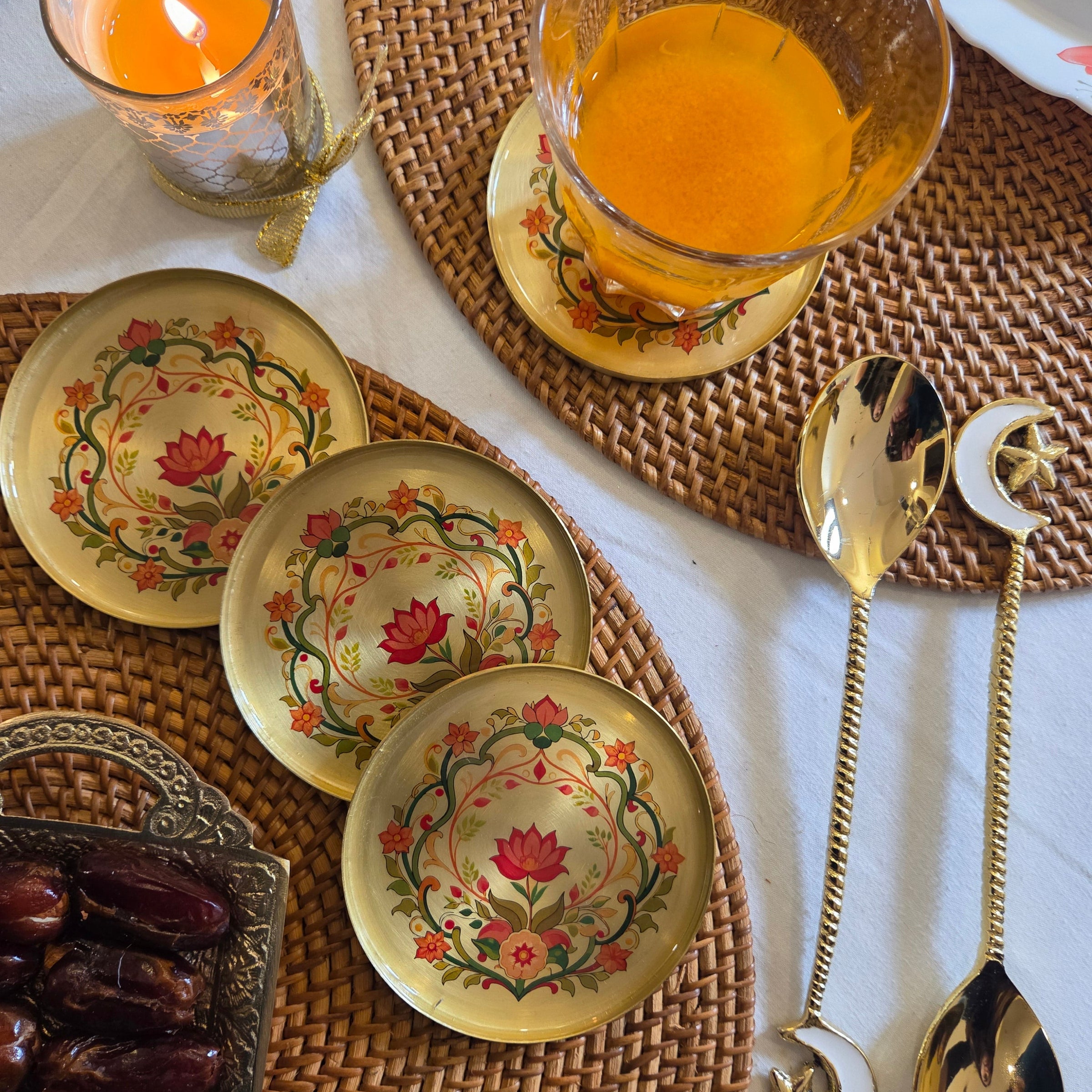 Eid Mubarak Handcrafted Floral Brass Coaster Gift Set (Set of 4) with Festive Packaging
