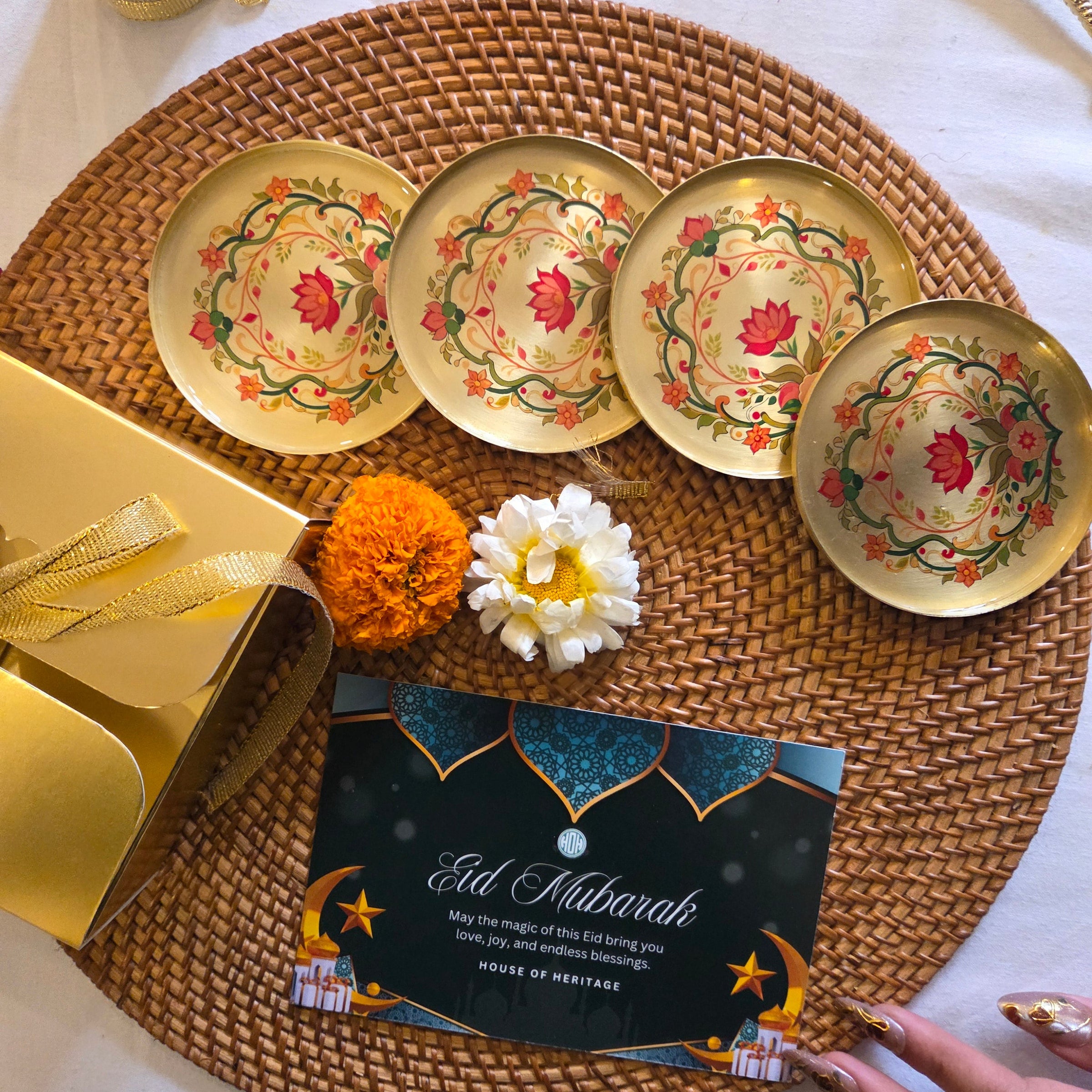 Eid Mubarak Handcrafted Floral Brass Coaster Gift Set (Set of 4) with Festive Packaging