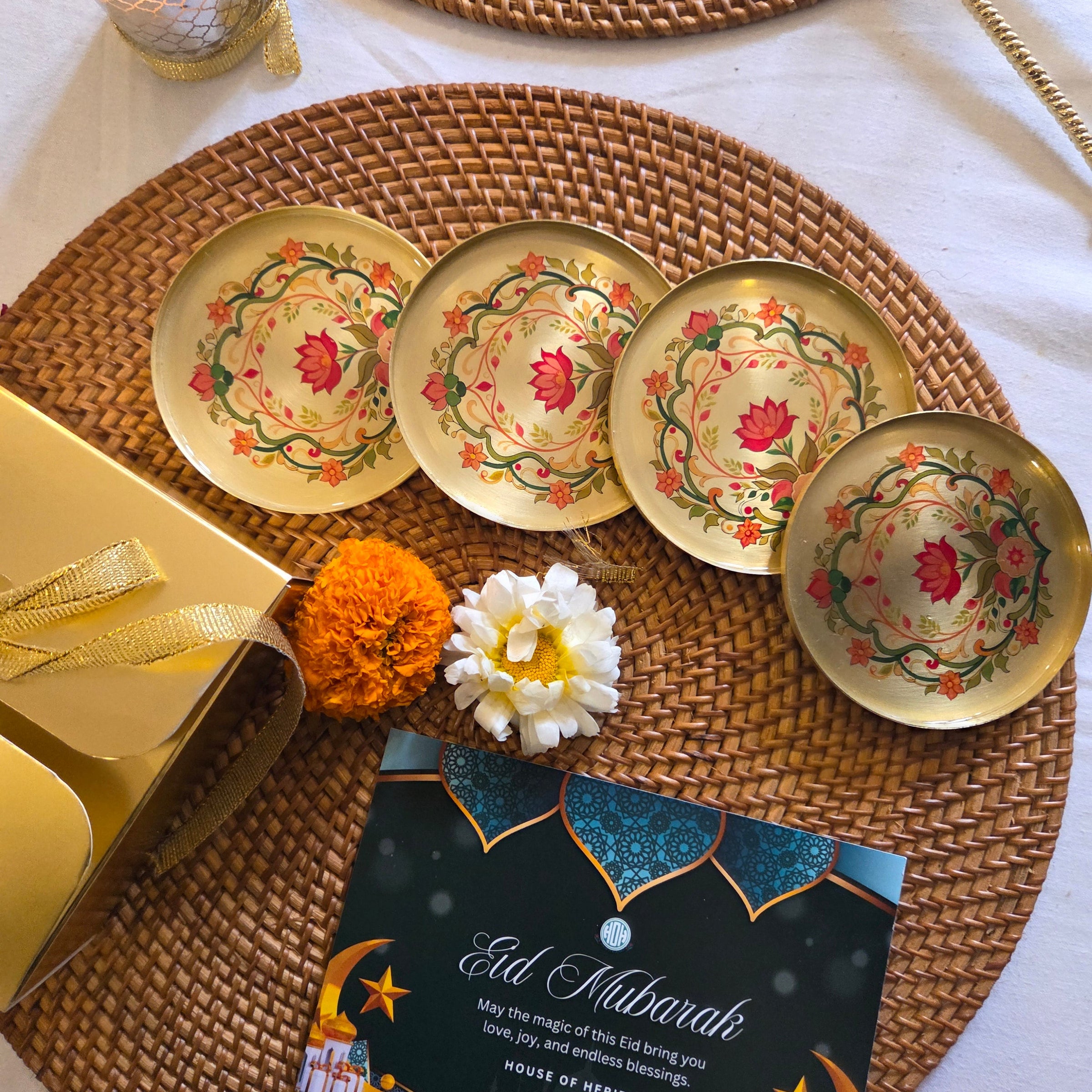 Eid Mubarak Handcrafted Floral Brass Coaster Gift Set (Set of 4) with Festive Packaging