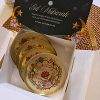 Eid Mubarak Handcrafted Floral Brass Coaster Gift Set (Set of 4) with Festive Packaging