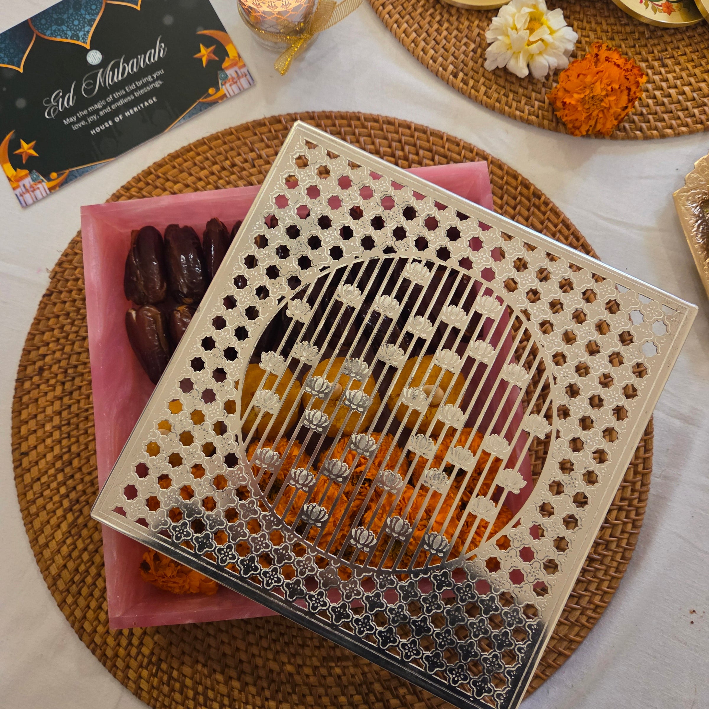 Premium Eid Mubarak Silver Finish Jali Design Gift Box