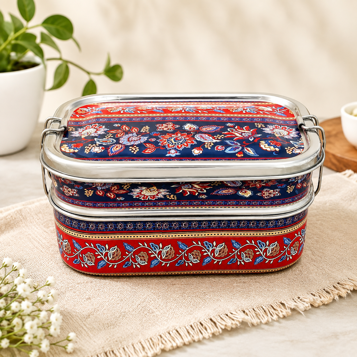 Eco-Friendly Ethnic Meenakari 2-Tier Steel Tiffin