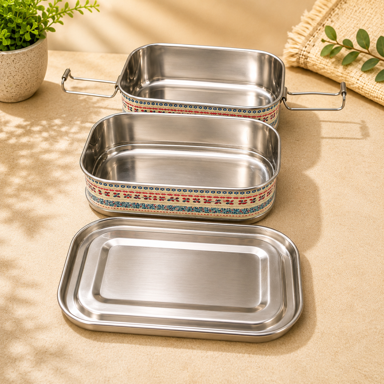 Eco-Friendly Ethnic Meenakari 2-Tier Steel Tiffin