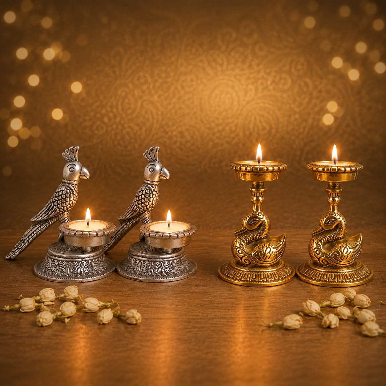 Gold Swan & Silver Parrot Tealight Holders Festive Gift Set of 4