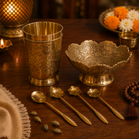 Handcrafted Brass Bowl, Brass Glass & Golden Dessert Spoon – Festive Gift Set of 3
