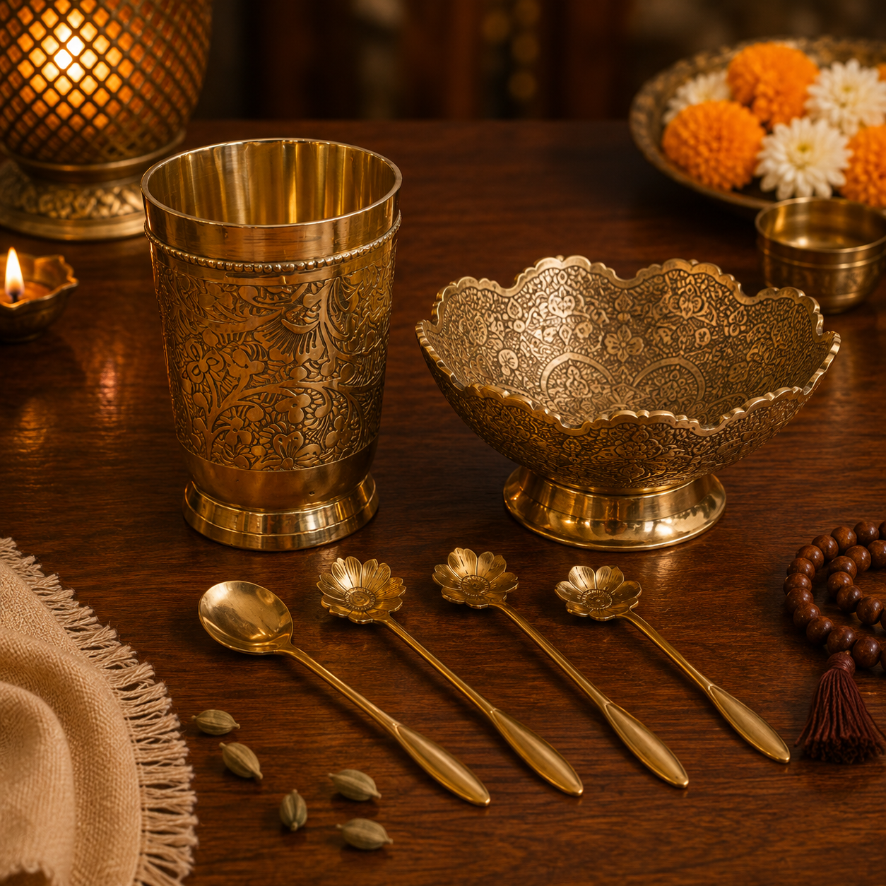 Handcrafted Brass Bowl, Brass Glass & Golden Dessert Spoon – Festive Gift Set of 3