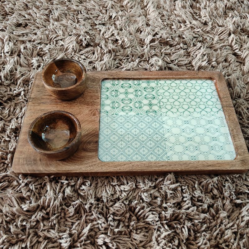 Blue Wooden Serving Platter with 2 Bowls | Handcrafted Serving Set of 3
