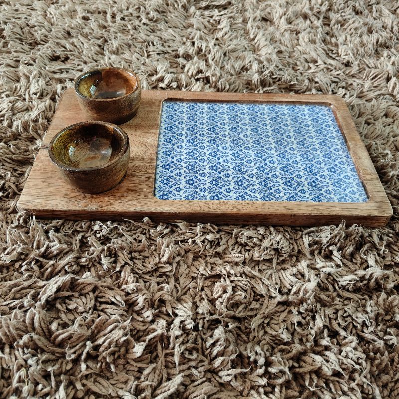Green Wooden Serving Platter with 2 Bowls | Handcrafted Serving Set of 3