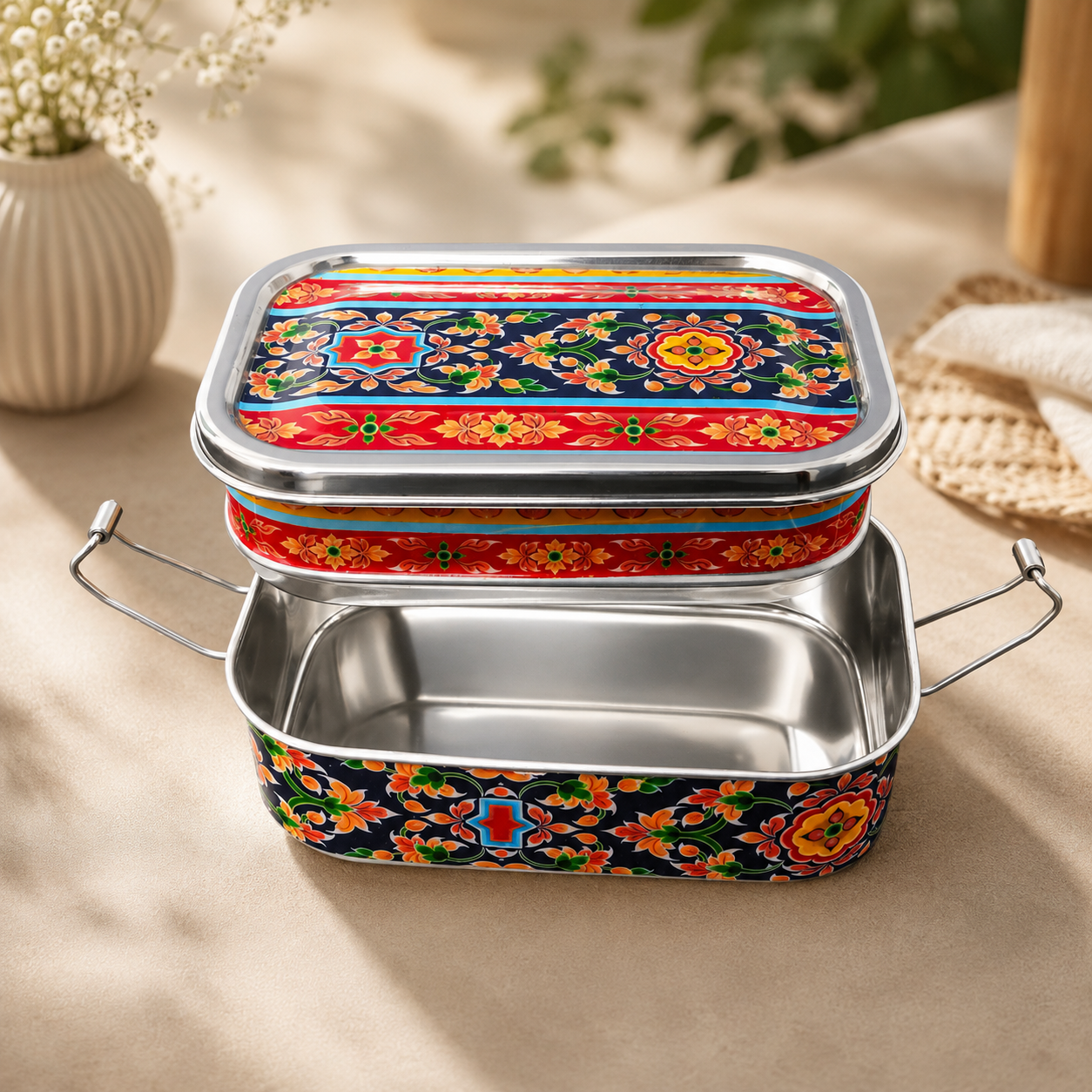Eco-Friendly Ethnic Meenakari 2-Tier Steel Tiffin