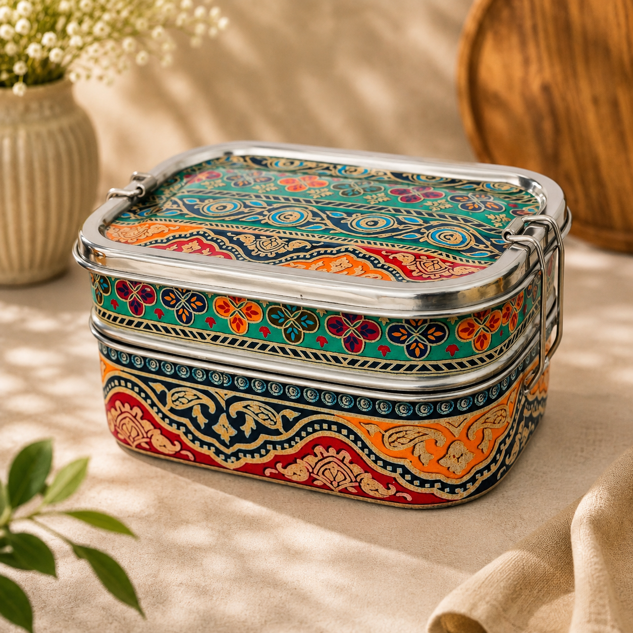 Eco-Friendly Ethnic Meenakari 2-Tier Steel Tiffin