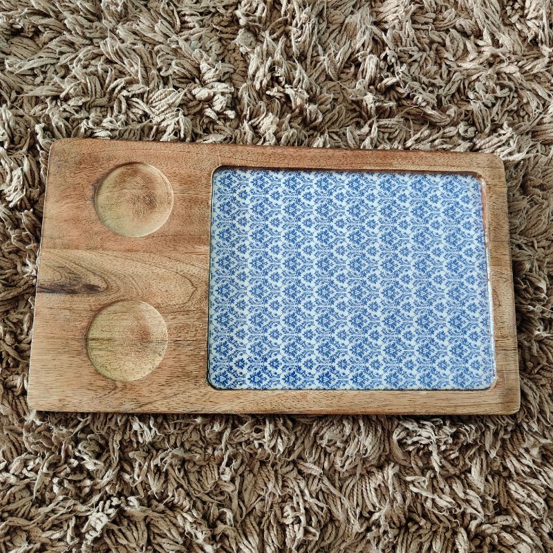 Blue Wooden Serving Platter with 2 Bowls | Handcrafted Serving Set of 3