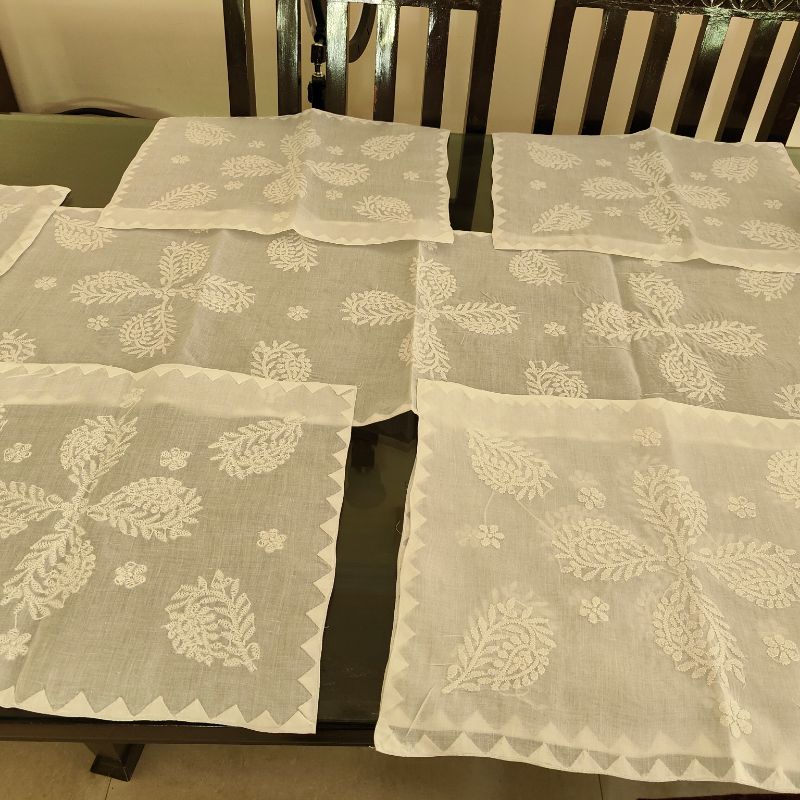 Chikankari Cotton White Table Set | Includes 6 Placemats, 6 Napkins & 1 Table Runner