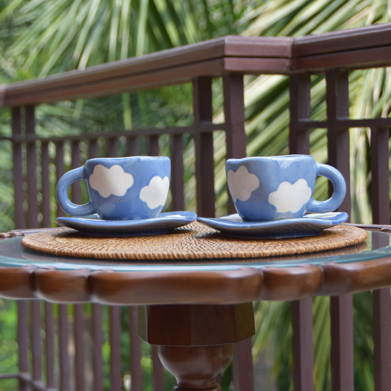 Blue Sky and Clouds Ceramic Mug and Saucer Set of 2