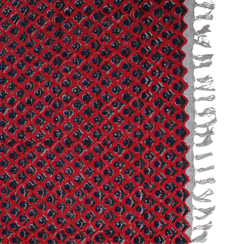 Ethnic Red & Blue Block Printed Cotton Throw | Perfect for Living Room and Bedroom Decor