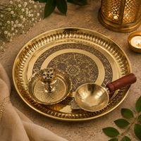 Artisan Mandala Brass Pooja Thali Set – 3 Piece Set with Diya & Incense Stick Holder