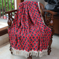 Ethnic Red & Blue Block Printed Cotton Throw | Perfect for Living Room and Bedroom Decor