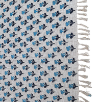Teal Floral Handblock Printed Cotton Throw with Tassels | Perfect for Living Room and Bedroom Decor