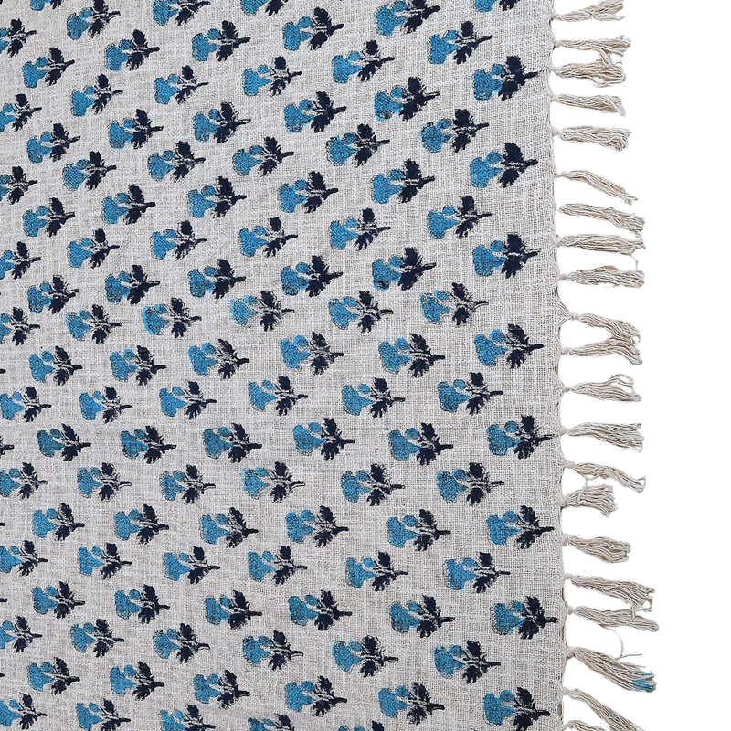 Teal Floral Handblock Printed Cotton Throw with Tassels | Perfect for Living Room and Bedroom Decor