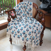 Teal Floral Handblock Printed Cotton Throw with Tassels | Perfect for Living Room and Bedroom Decor