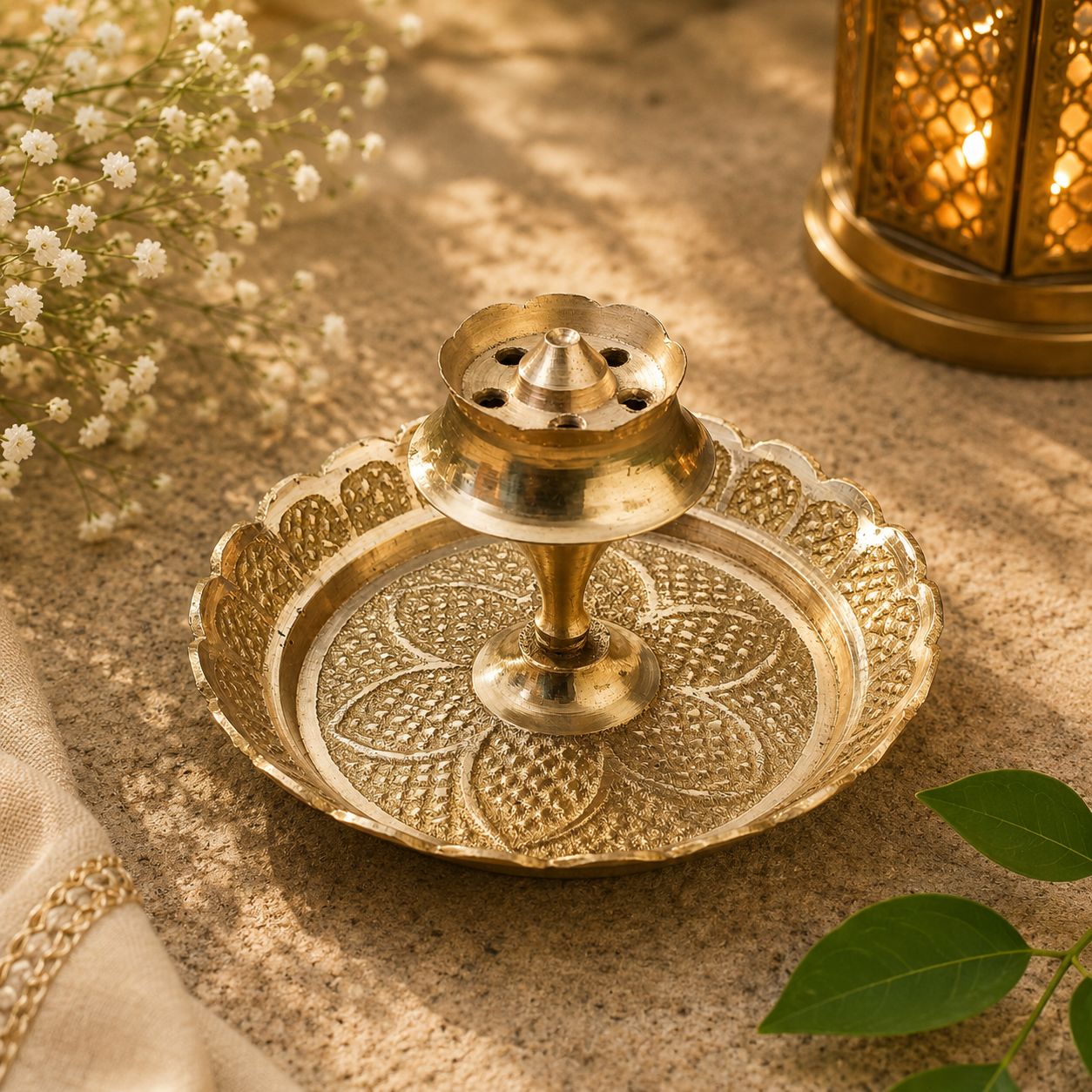Handcrafted Brass Pooja Thali Set of 3 | Water Pot, Pooja Thali & Incense Stick Holder.