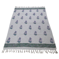 Floral Handblock Printed Cotton Throw with Lavender Motif & Green Border | Perfect for Living Room and Bedroom Decor