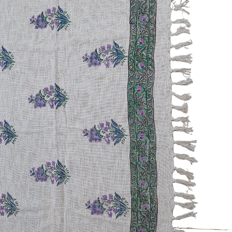 Floral Handblock Printed Cotton Throw with Lavender Motif & Green Border | Perfect for Living Room and Bedroom Decor