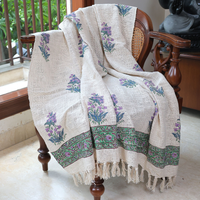Floral Handblock Printed Cotton Throw with Lavender Motif & Green Border | Perfect for Living Room and Bedroom Decor