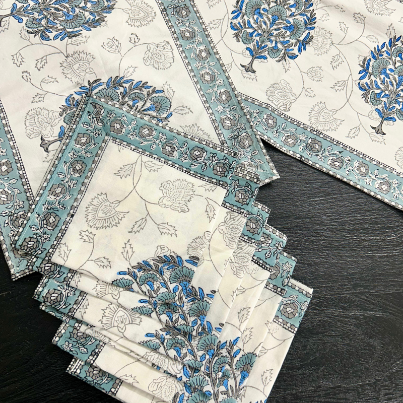 Mughal Motif Block Print Dining Table Set – Handcrafted Cotton Elegance