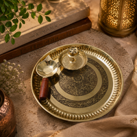 Artisan Mandala Brass Pooja Thali Set – 3 Piece Set with Diya & Incense Stick Holder