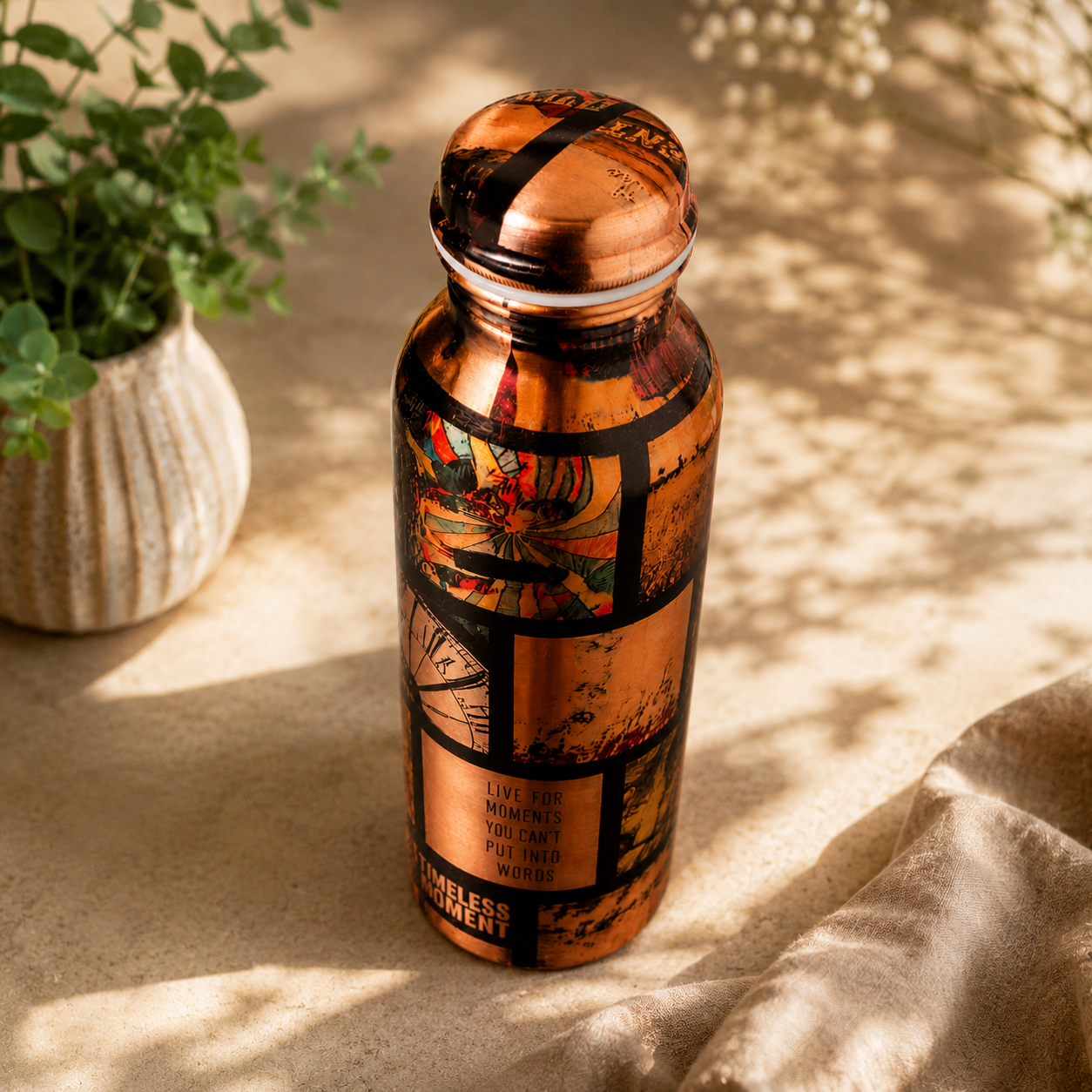 Handcrafted Copper Water Bottle – Vintage Retro Art Collage Design
