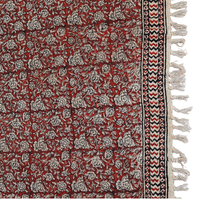 Handblock Floral Cotton Throw with Tassels – Vintage Red Sofa Throw | Perfect for Living Room and Bedroom Decor