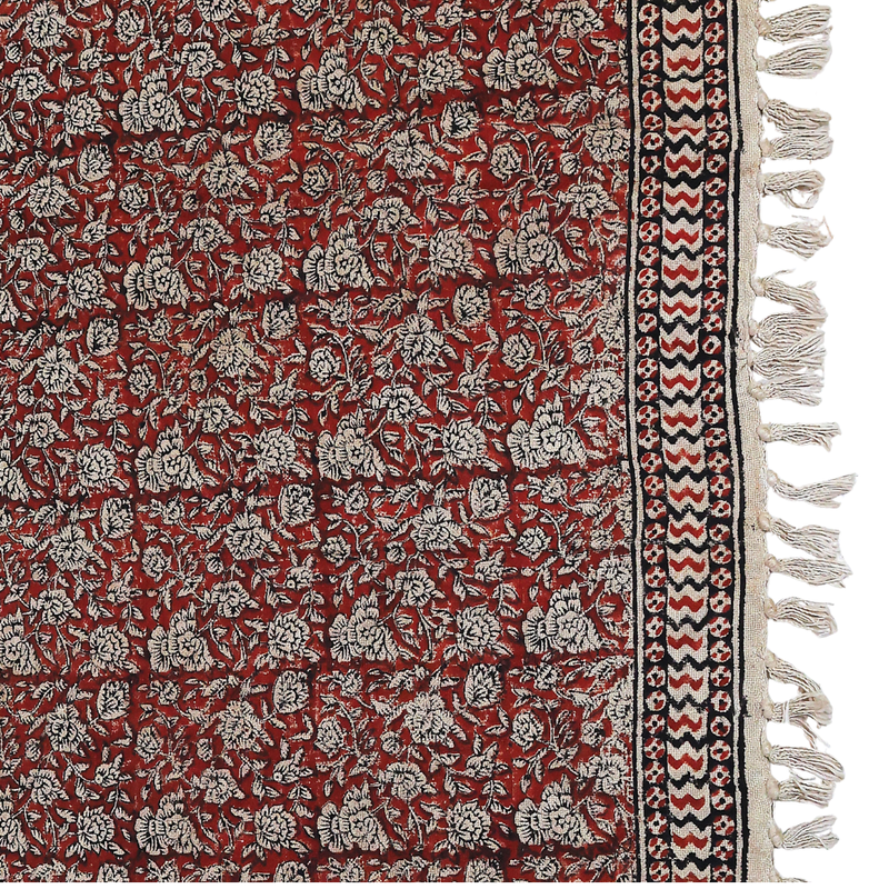 Handblock Floral Cotton Throw with Tassels – Vintage Red Sofa Throw | Perfect for Living Room and Bedroom Decor