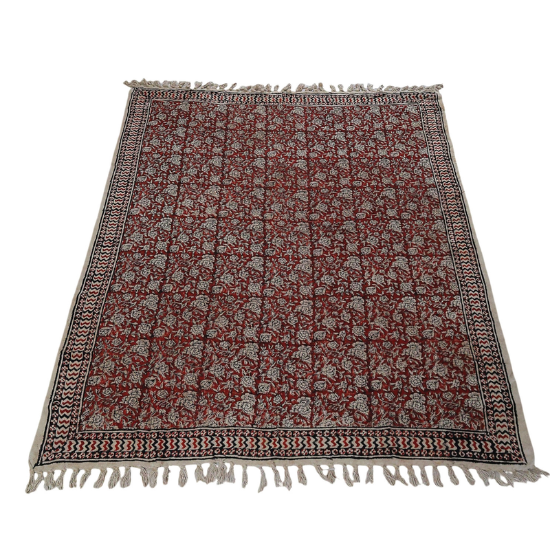 Handblock Floral Cotton Throw with Tassels – Vintage Red Sofa Throw | Perfect for Living Room and Bedroom Decor