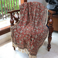 Handblock Floral Cotton Throw with Tassels – Vintage Red Sofa Throw | Perfect for Living Room and Bedroom Decor