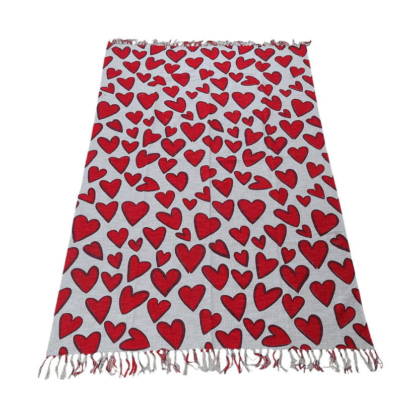 Red Heart Block Print Cotton Throw with Tassels| Perfect for Living Room and Bedroom Decor