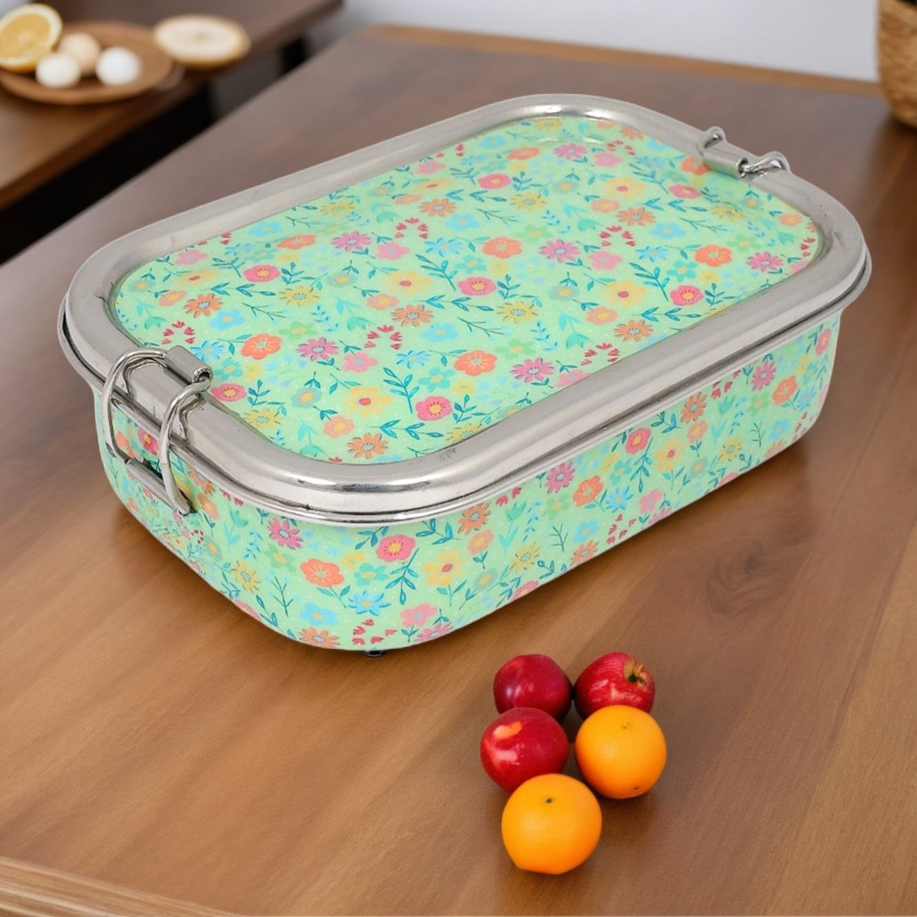 Premium Rakhi Gift Box- Green Floral Bottle+ Green Floral 1tier Lunchbox