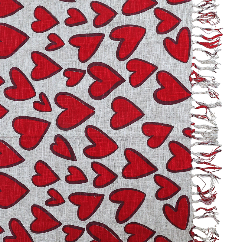 Red Heart Block Print Cotton Throw with Tassels| Perfect for Living Room and Bedroom Decor