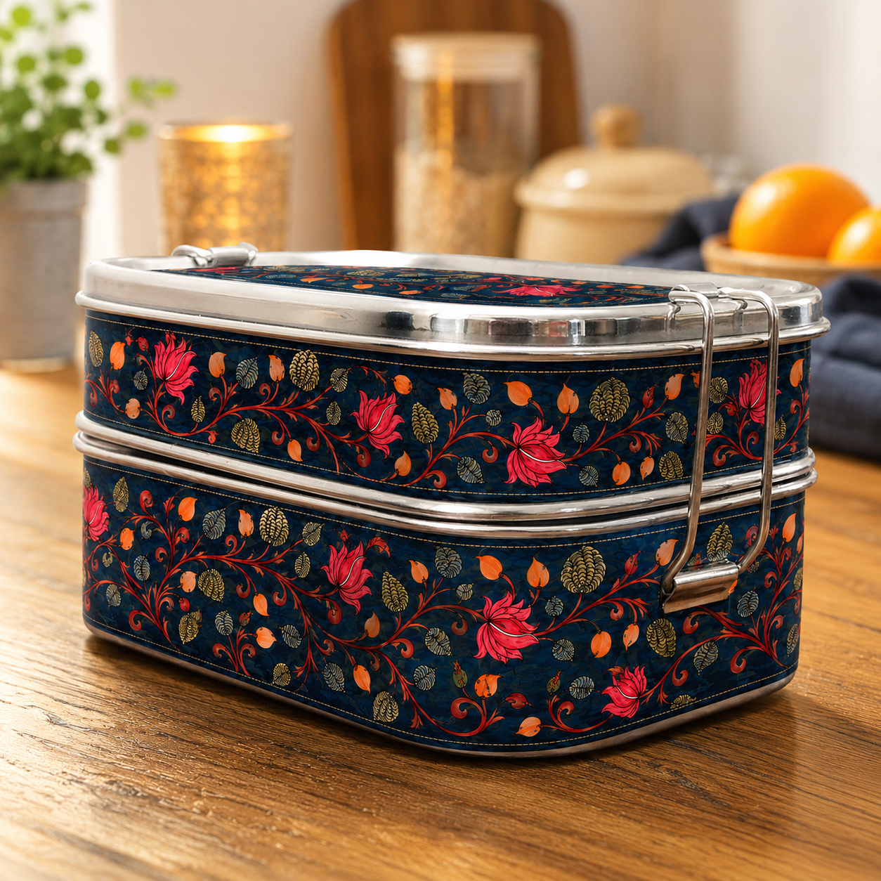 Eco-Friendly Ethnic Meenakari 2-Tier Steel Tiffin