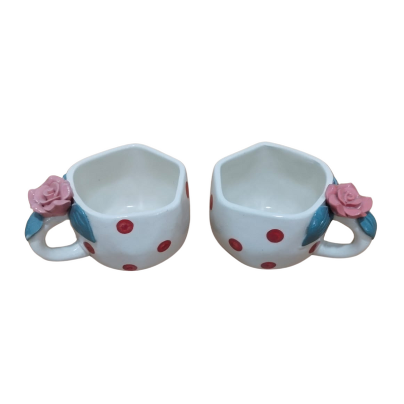 Handmade Ceramic Polka Dot Tea Cups | Floral Rose Handle Mugs for Coffee & Tea – Set of 2