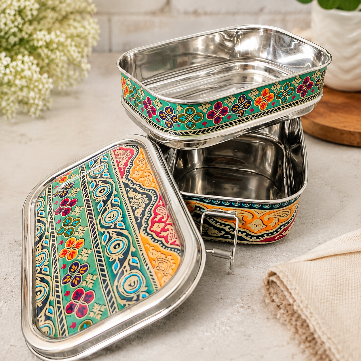 Eco-Friendly Ethnic Meenakari 2-Tier Steel Tiffin